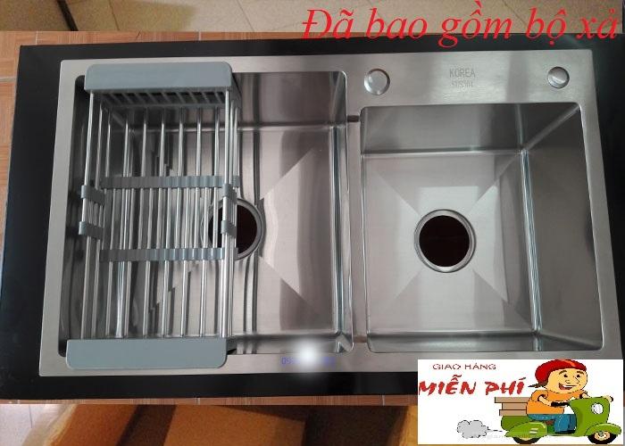 Chậu rửa bát Inox 304 Đúc Nguyên Khối 82 x 45cm 2 hố lệch (tặng kệ để đồ)