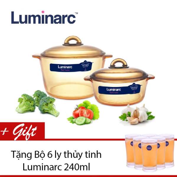 Bộ 2 nồi thủy tinh Luminarc Amberline Granite 1.5L/3L (Đáy mới chống trượt) + Tặng Bộ 6 ly thủy tinh 240ml