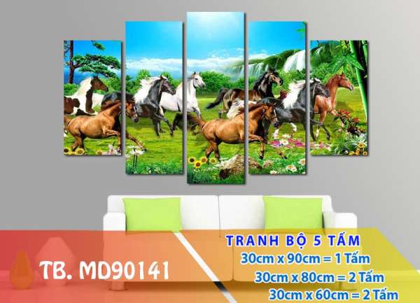 [Sale] Tranh treo 3D Mã đáo MD90141- Tranh đồng hồ 3D [5 tấm rộng 1,5m cao 0,9m] SuperDecor