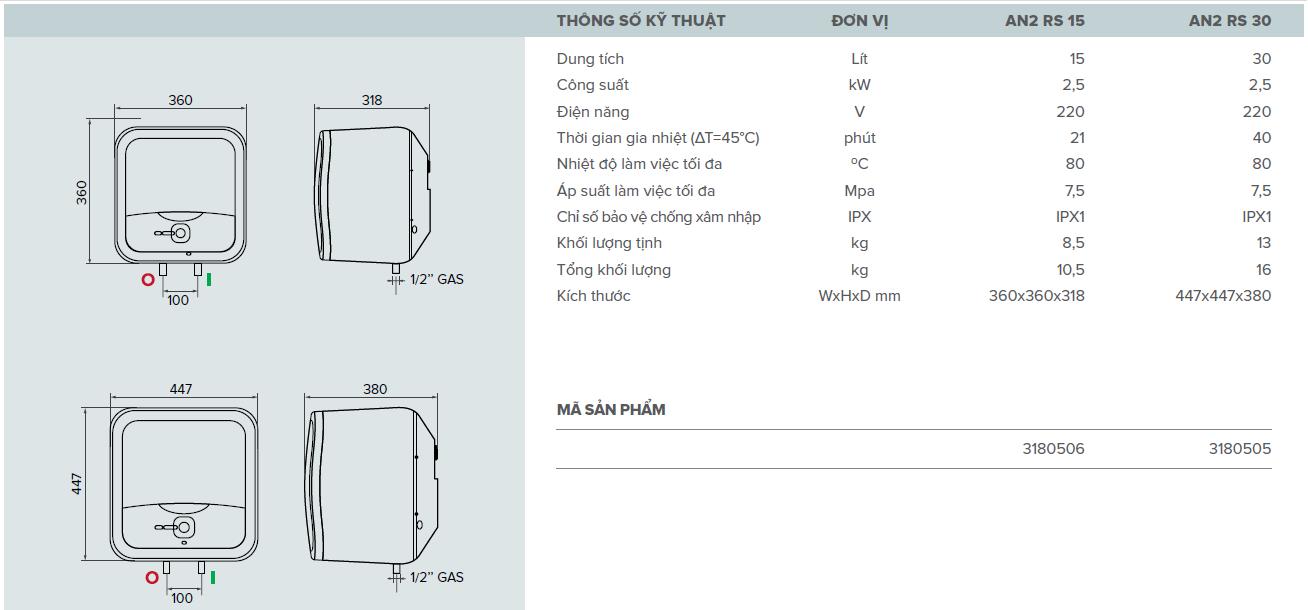 Bình nước nóng Ariston Andris2 RS 15 lít (AN2 15RS ) Model 2018
