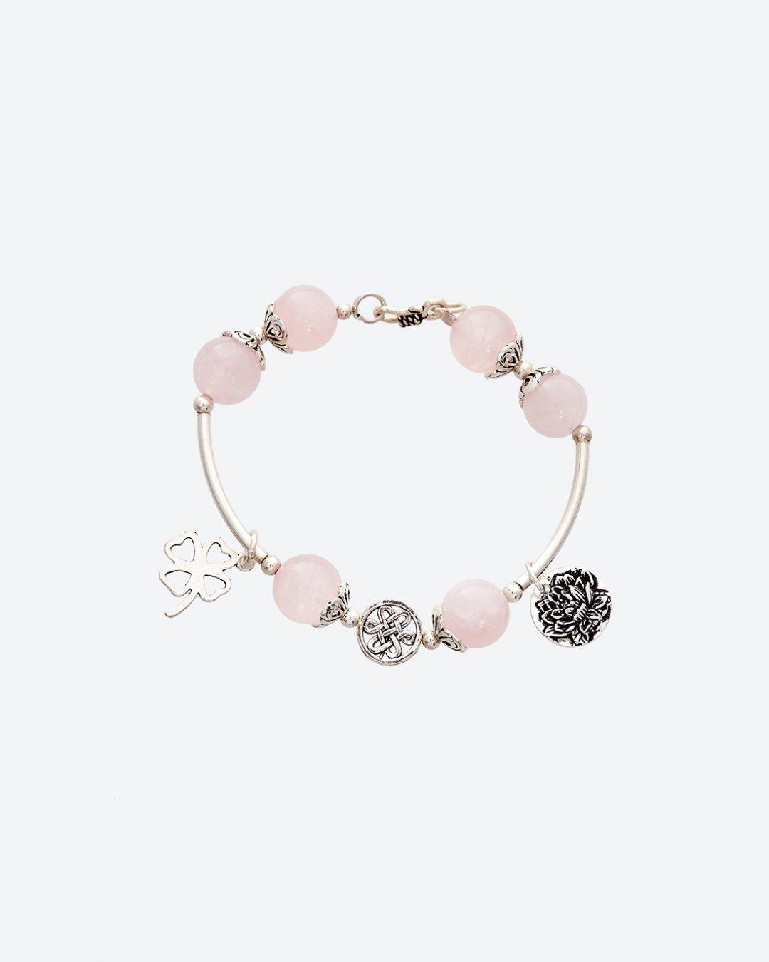 [HCM]Vòng Tay Thạch Anh Hồng Charm Cỏ 4 Lá