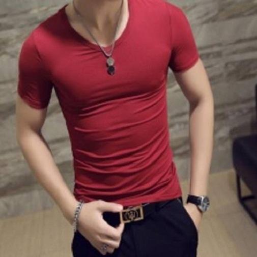 [HCM]Áo thun nam body cổ tim vải dày mịn thoáng mát phong cách hàn quốc ( đỏ đô )
