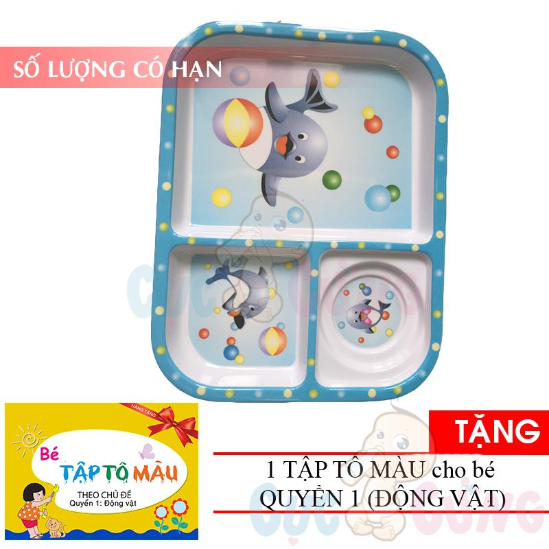Khay cho bé tập ăn 3 ngăn hình chữ nhật nhựa - 3F - màu xanh dương TẶNG 1 quyển tô màu - khay tap an dam cho be