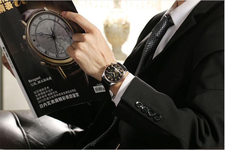 Đồng hồ cơ tự động Automatic chạy 5 kim dây da cao cấp Kinyued DA03