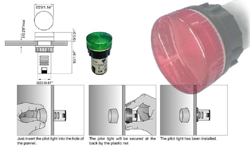 Đèn led pha lắp tủ điện Ø 22mm 220v (đỏ)