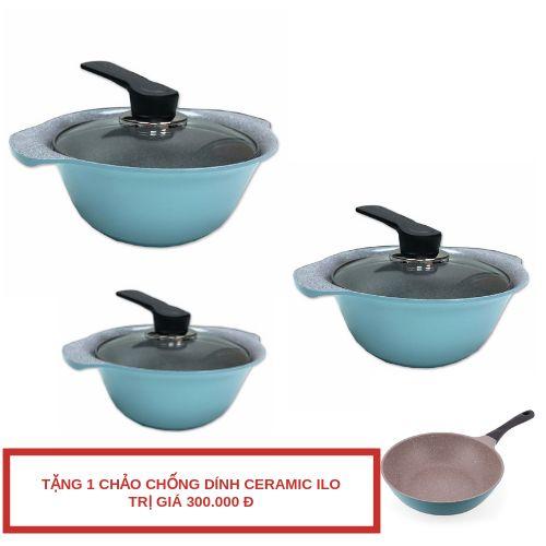 Bộ Nồi Ceramic Vân Đá Đáy Từ ILO Kitchen Hàn Quốc Nắp Kính tặng 1 chảo ILO ceramic