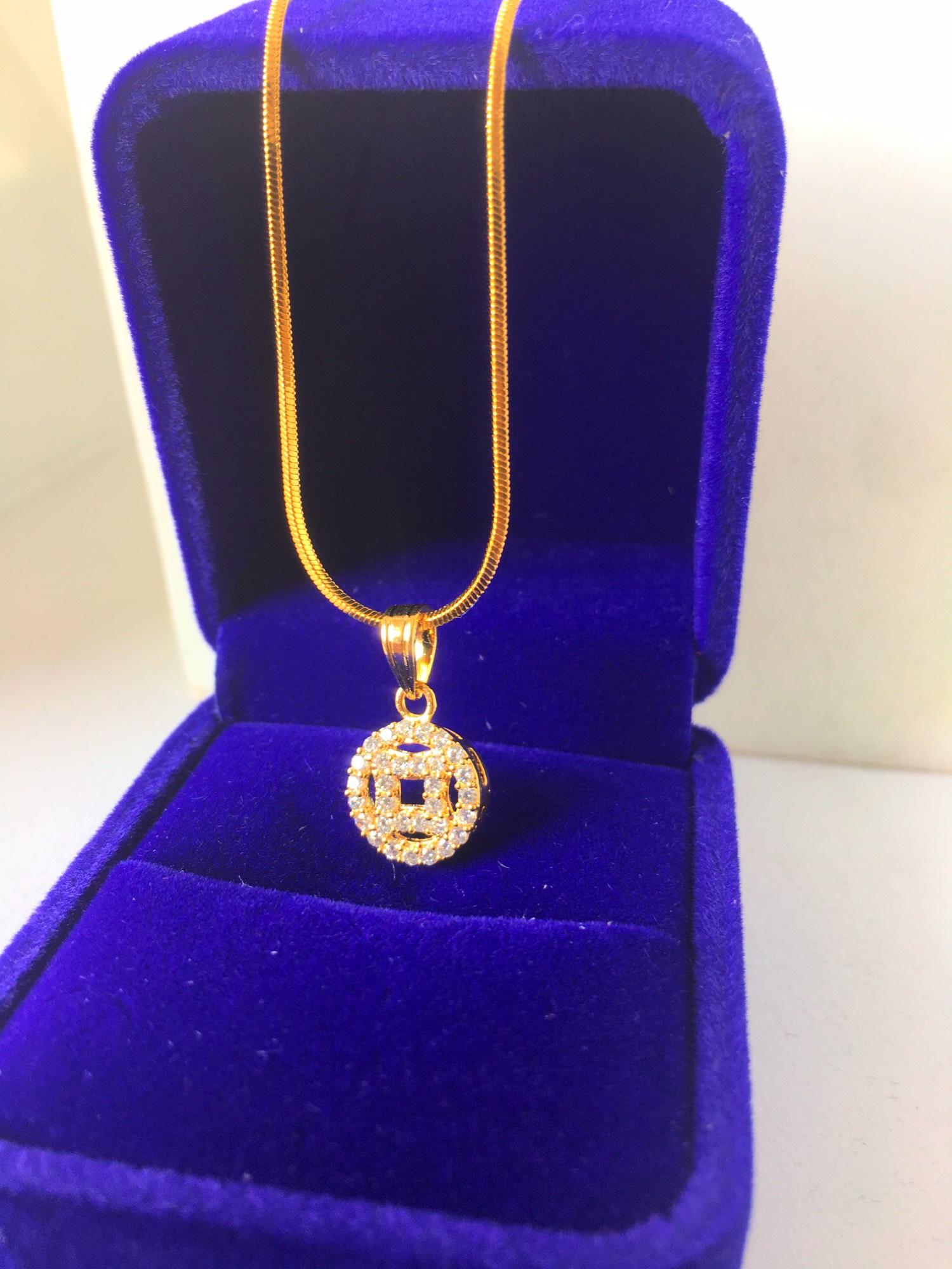 Trang sức phong thủy Dây chuyền nữ bạc Thái mạ vàng cao cấp + mặt kim tiền đính đá