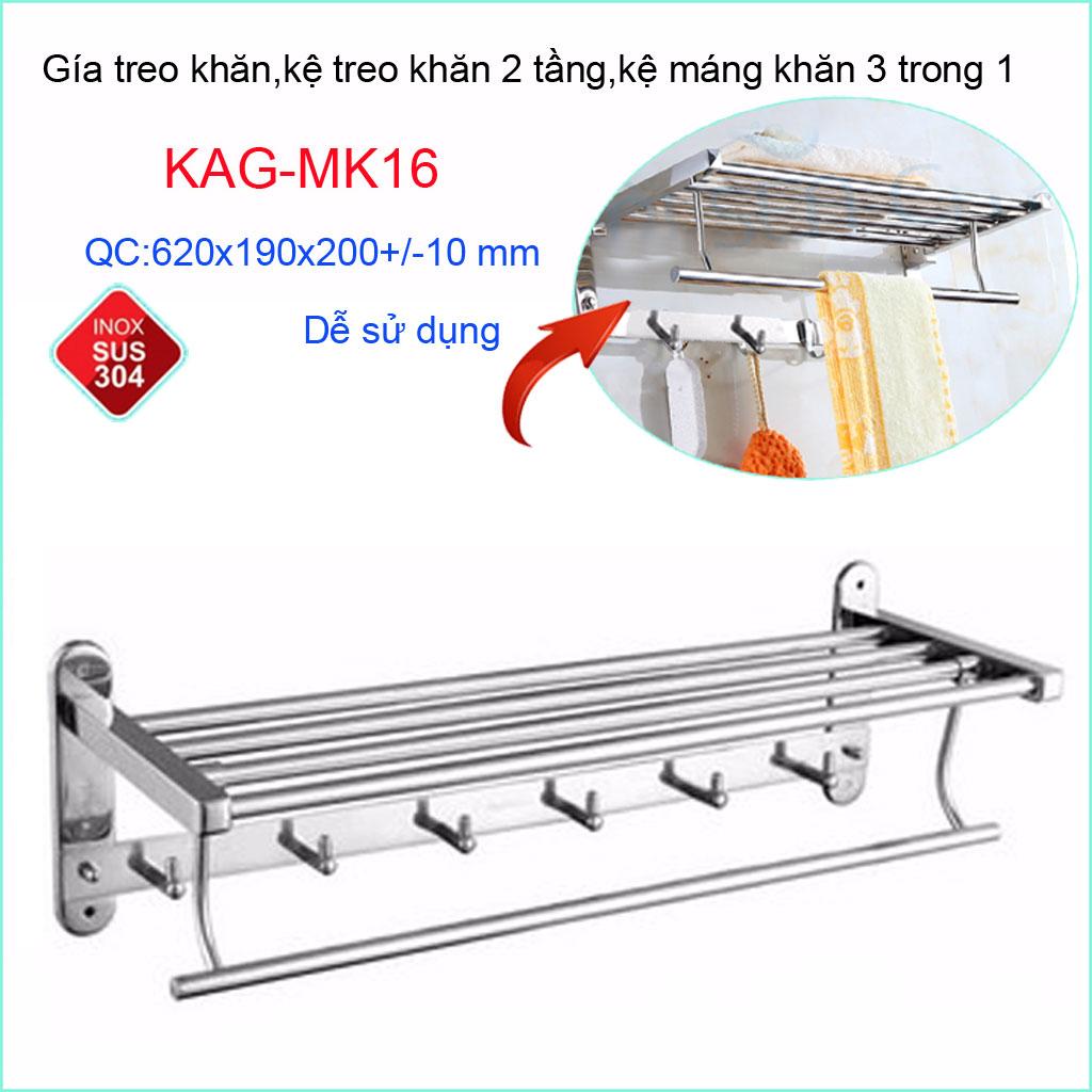 Giá treo khăn Inox 304 3 trong 1 , máng khăn inox 3 in 1 KAG-MK16