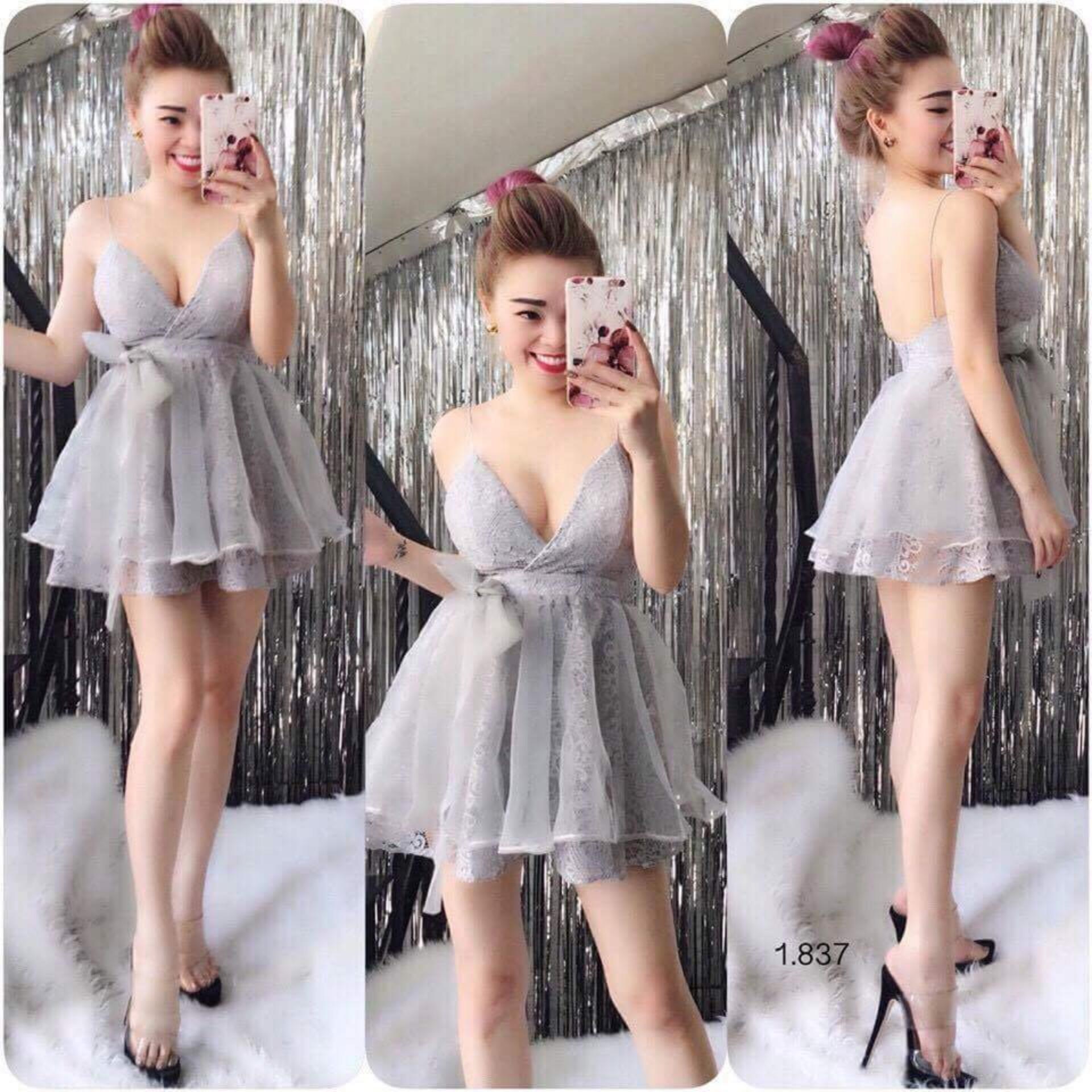 Đầm xòe 2 dây phối lưới thắt nơ 