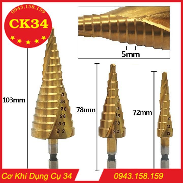Bộ 3 mũi khoan tháp titanium xoắn 4-32mm khoan sắt,nhôm...trục 6.35mm