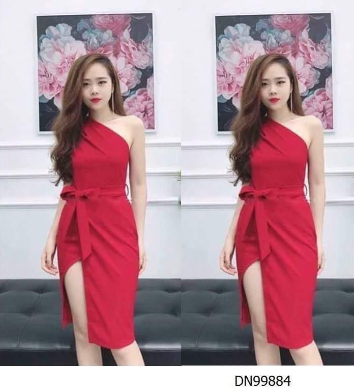 Đầm body lệch vai thắt nơ eo