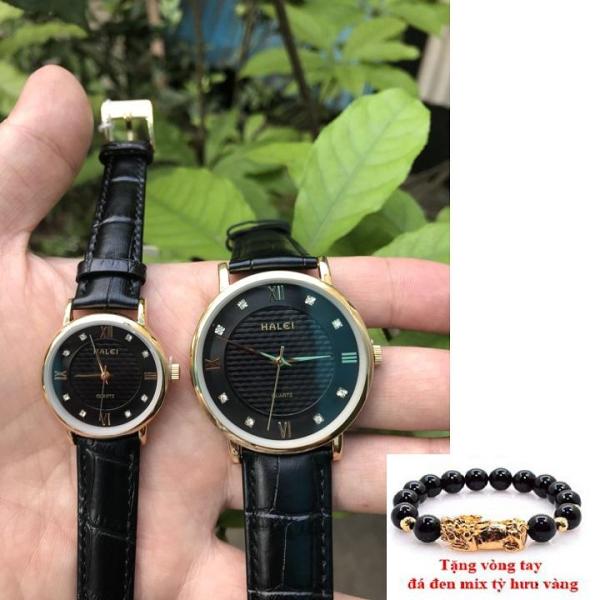 Cặp Đồng hồ nam dây da cao cấp Halei dây đen mặt đen  TẶNG 1 vòng tỳ hưu phong thủy may mắn HL545