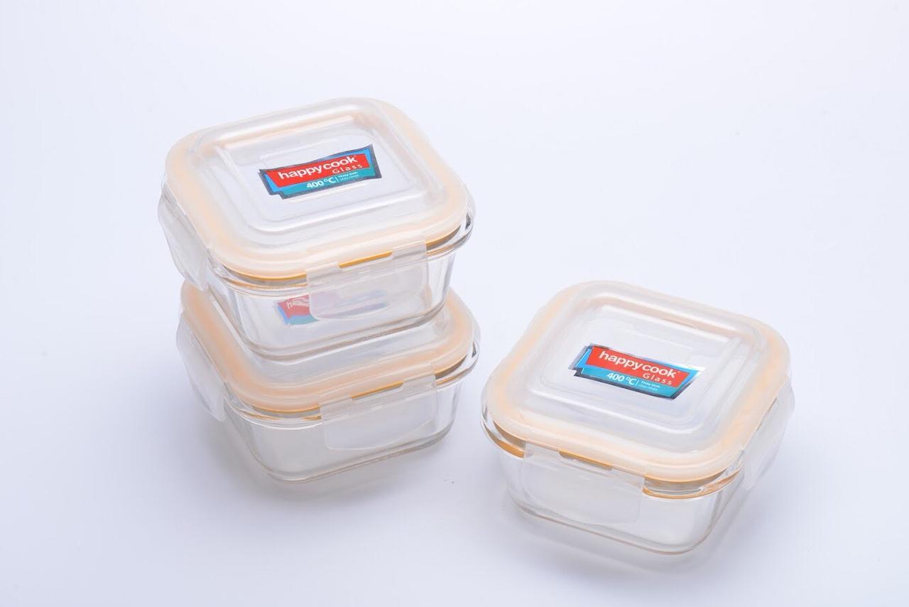 Bộ 3 hộp cơm thủy tinh vuông Happy Cook 320ml/hộp kèm túi giữ nhiệt HCG-03S1