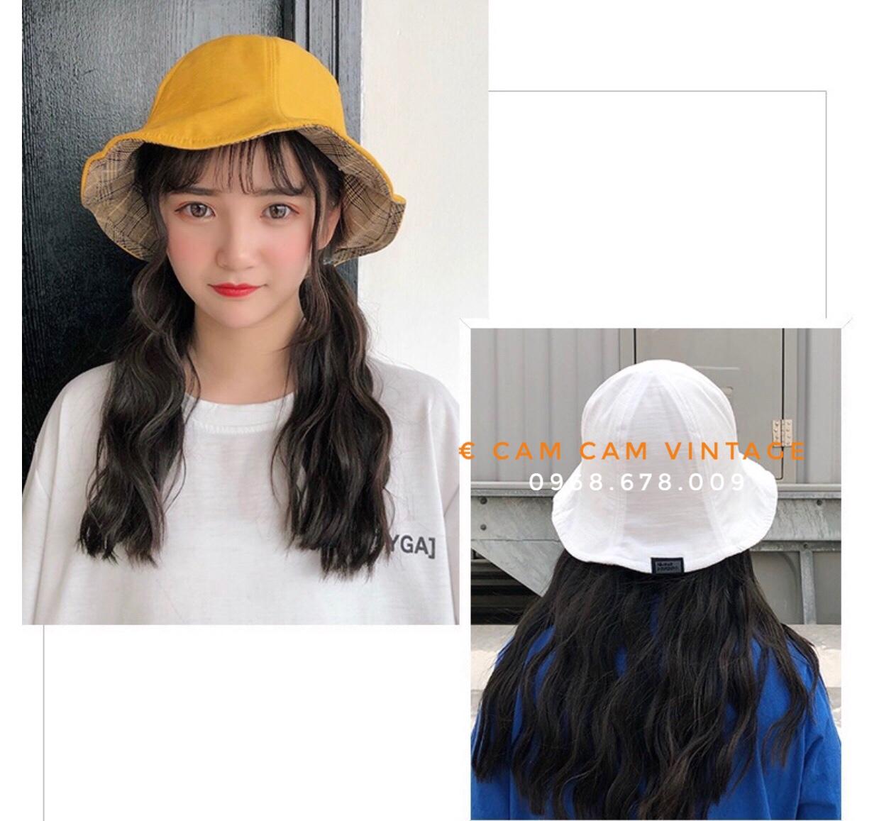 MŨ BUCKET VÀNG ULZZANG ĐỘI HAI MẶT ĐỘI 2 KIỂU ( 1 MẶT CARO + 1 MẶT MÀU )