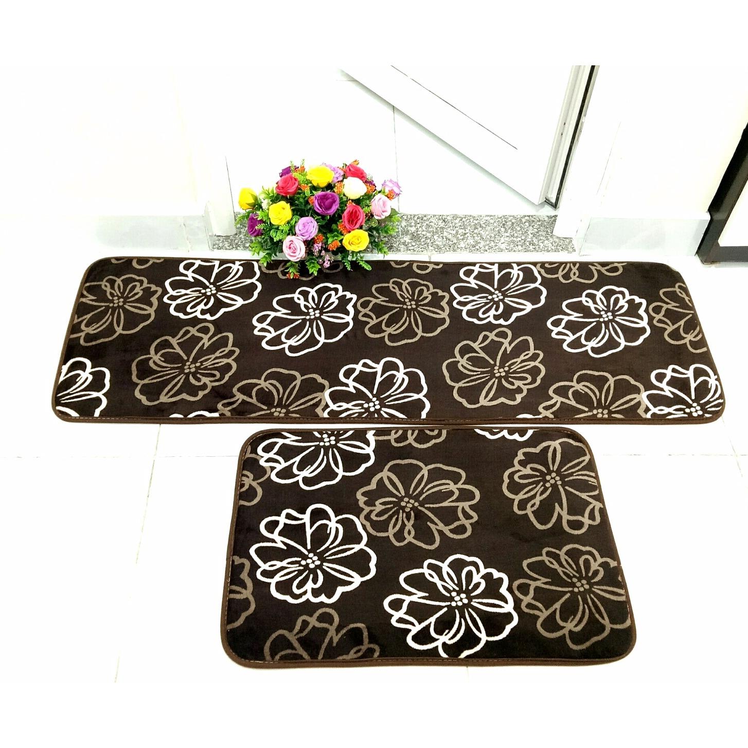 Bộ 02 thảm bếp cao cấp siêu thấm chống trơn trượt BHOME - HOA NÂU (KT 40 x 60cm và 40 x 120cm)