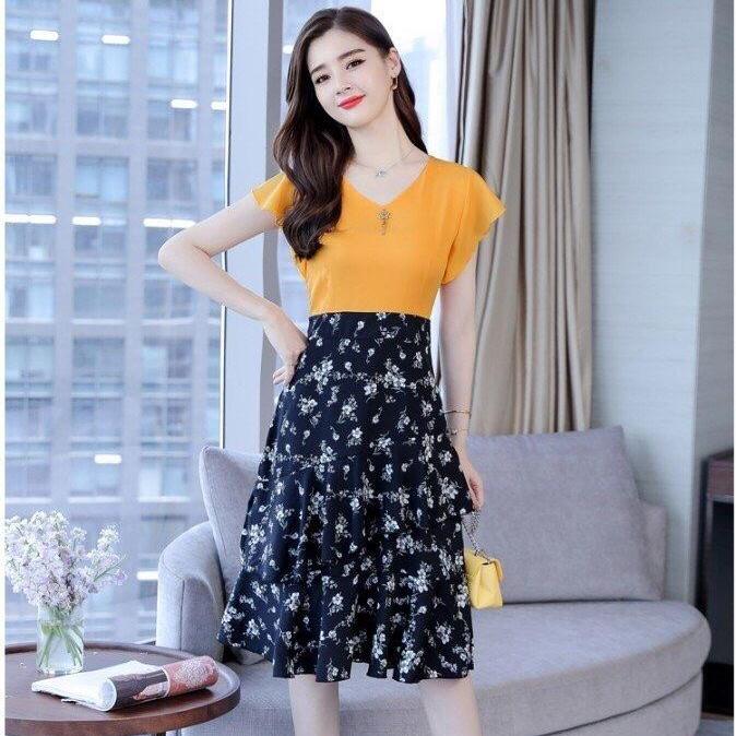 [HCM]ĐẦM XÒE TAY CÁNH TIÊN CHÂN VÁY TẦNG IN HOA BEYEU1688- BY7004