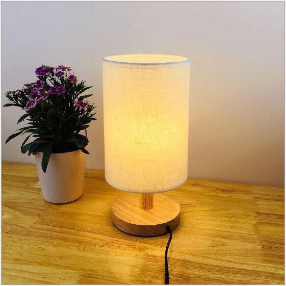 Đèn ngủ để bàn đế gỗ chóa vải cao cấp - Tặng kèm bóng LED chuyên dụng ánh sáng vàng