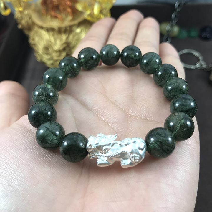 Vòng tay phong thủy đá thạch anh tóc xanh tự nhiên mix bạc