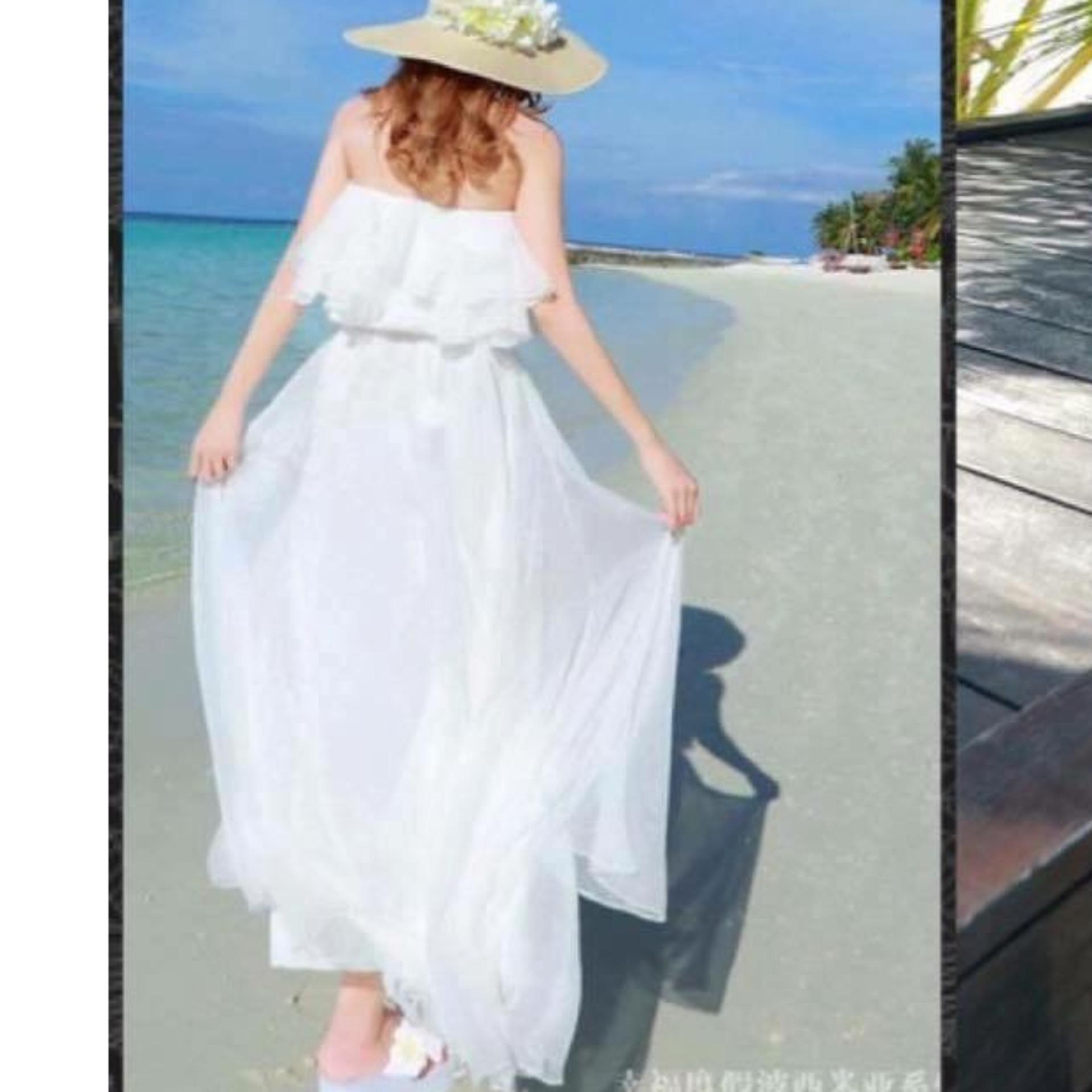 Đầm đi biển nhún bèo trắng tiểu thư