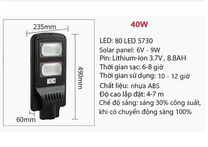 Đèn đường cảm biến năng lượng mặt trời 40W