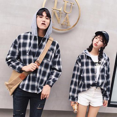 [HCM]ÁO KHOÁC SƠMI UNISEX CAO CẤP SỌC CARO TRẮNG ĐEN PHỐI NÓN ĐEN -G065