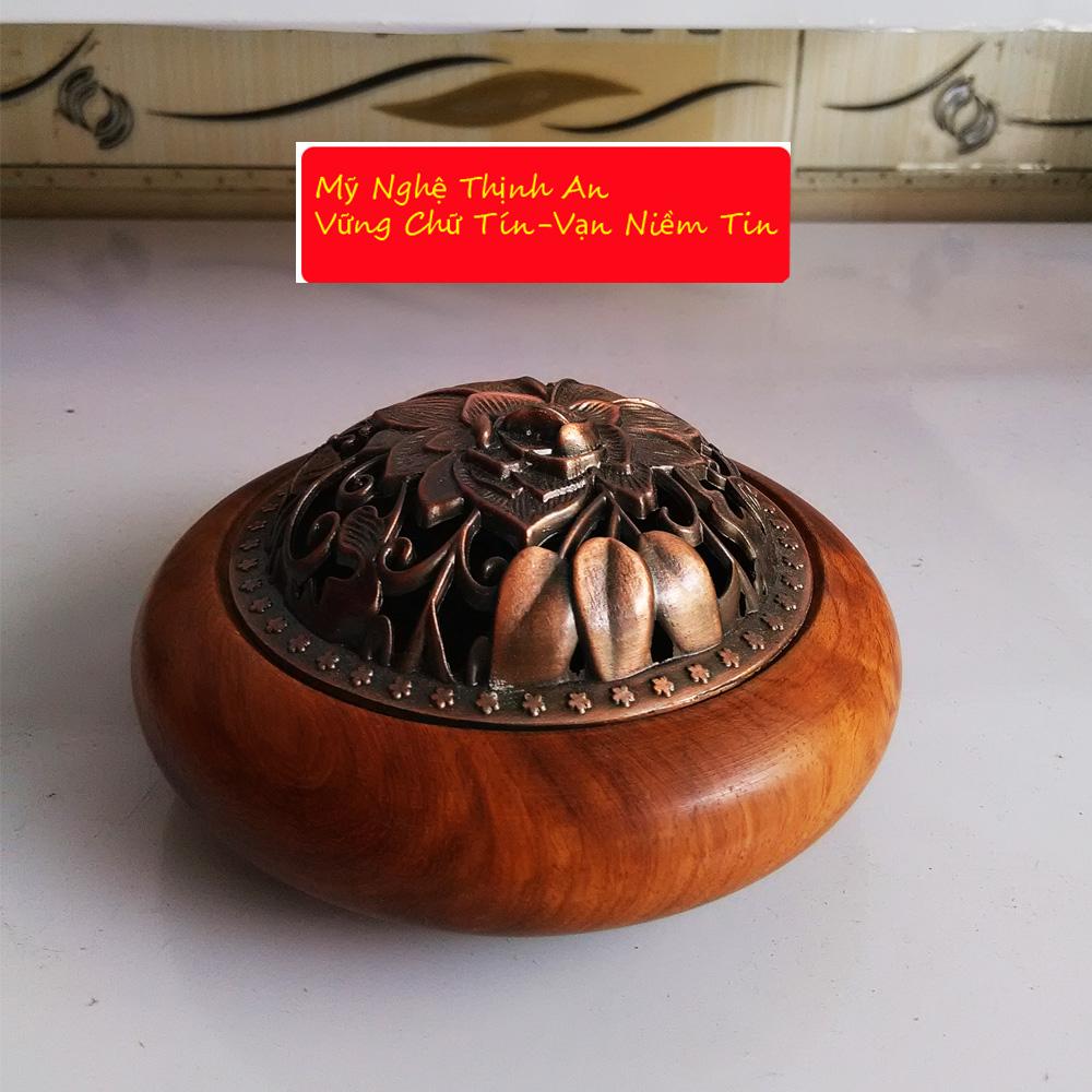 Lư xông trầm gỗ hương vân quý hiếm nắp đồng XTG01