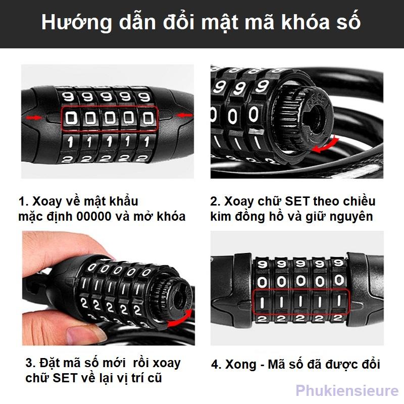 Khóa dây xe đạp 5 số AJ cao cấp đổi được mã 1.2m