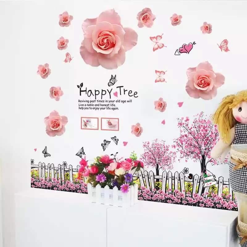 Decal dán tường hoa hồng 3d và hàng rào hồng