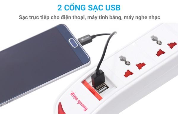 Ổ cắm điện đa năng Điện Quang ĐQ ESK 2W DBW103USB ( kiểu tàu siêu tốc ,3 lỗ 3 chấu, 2 USB, dây dài 2m) công suất 2500w, tự ngắt khi quá tải, BH 12 tháng