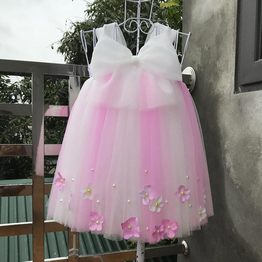 váy tutu hồng phấn phối trắng nơ trắng