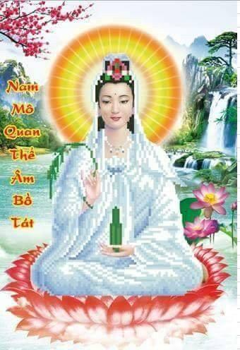 Tranh gắn đá nổi kim cương đa sắc quan âm tọa liên sen yn2094