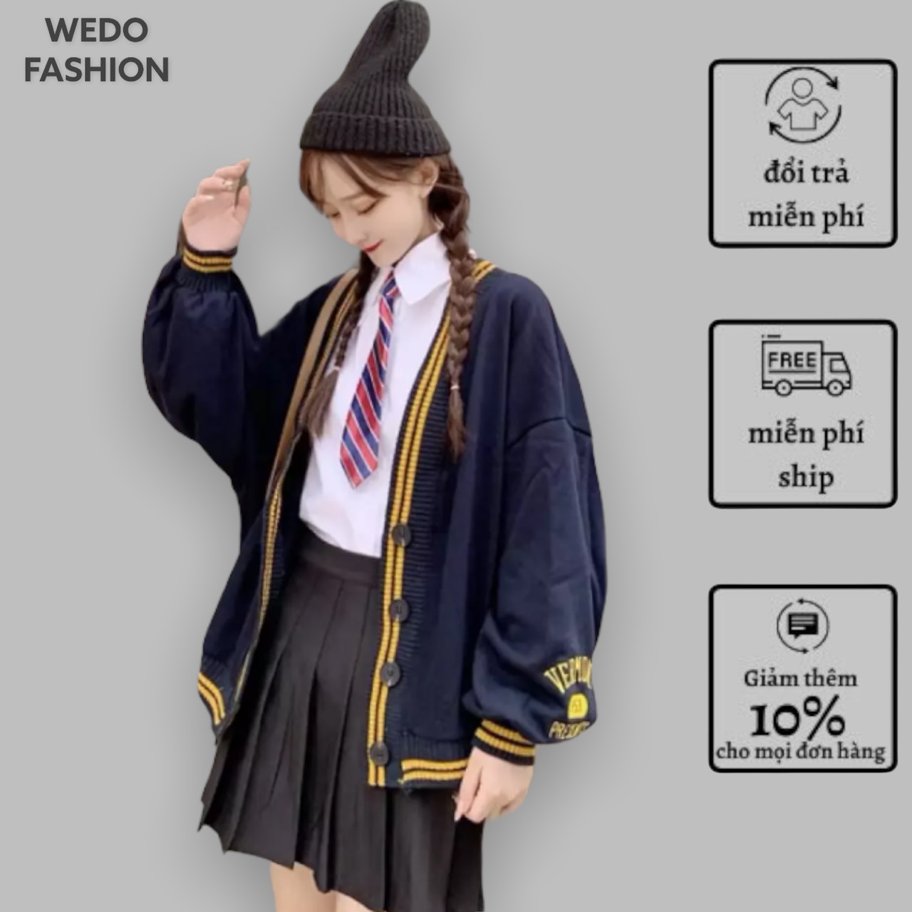 Áo khoác Cardigan Nữ viền len kẻ 1953 siêu xinh WEDO