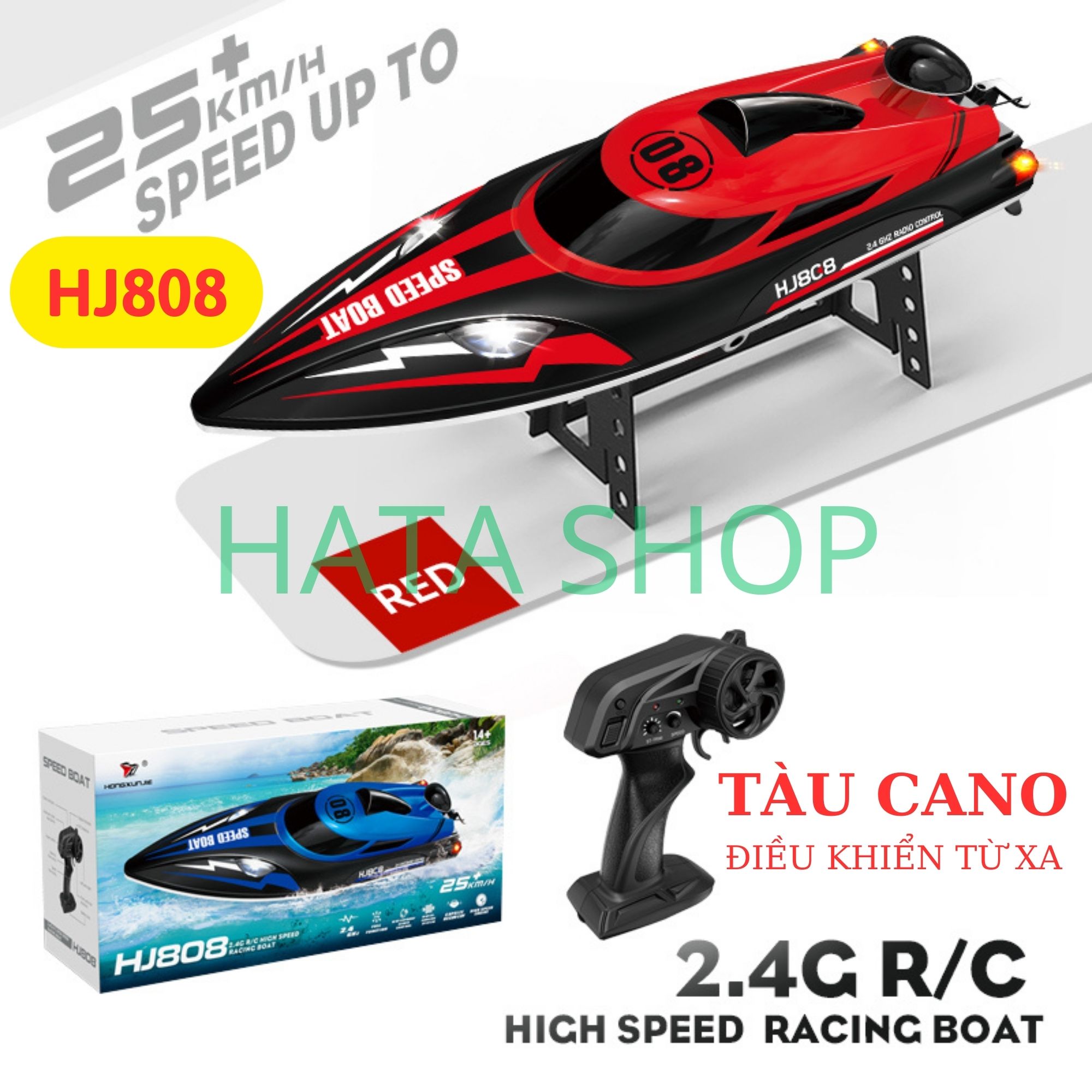 Tàu Thuyền Cano Điều Khiển Từ Xa HJ808 tốc độ cao 25km/h Chống Lật Có Đèn LED Ban Đêm Speedboat 2.4GHZ Có Điều Tốc
