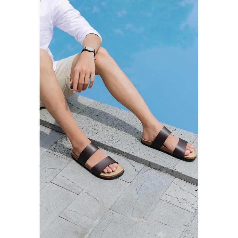 Dép đế trấu unisex 2 quai da pu đen