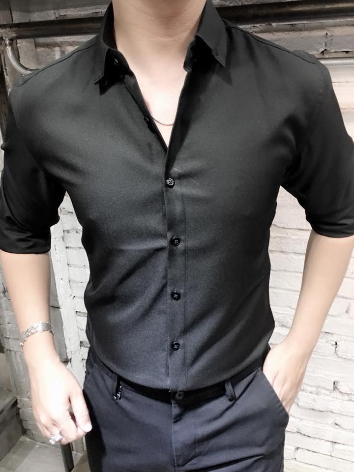 Áo sơ mi nam đen trơn hàng lụa đẹp vải thoáng mát chuẩn đẹp phong cách hàn quốc