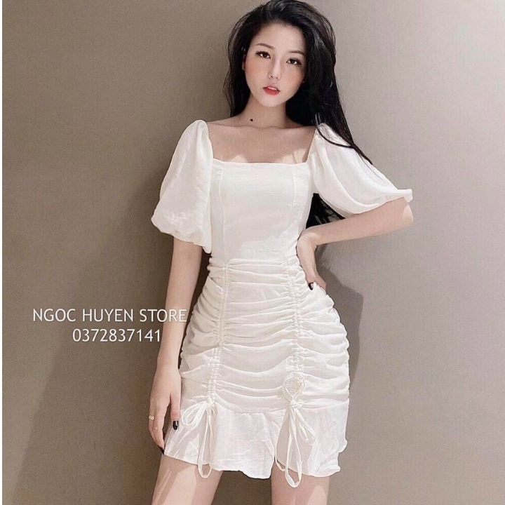 váy nữ đi chơi tay búp rút dây chân váy viền bèo nữ tính thích hợp đi chơi du lịch cực xinh - Thời trang sài gòn giá rẻ