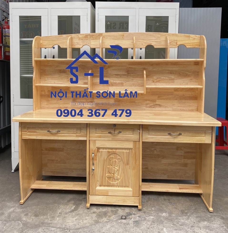 Bàn học sinh đôi gỗ thông cho 2 bé kèm kệ sách