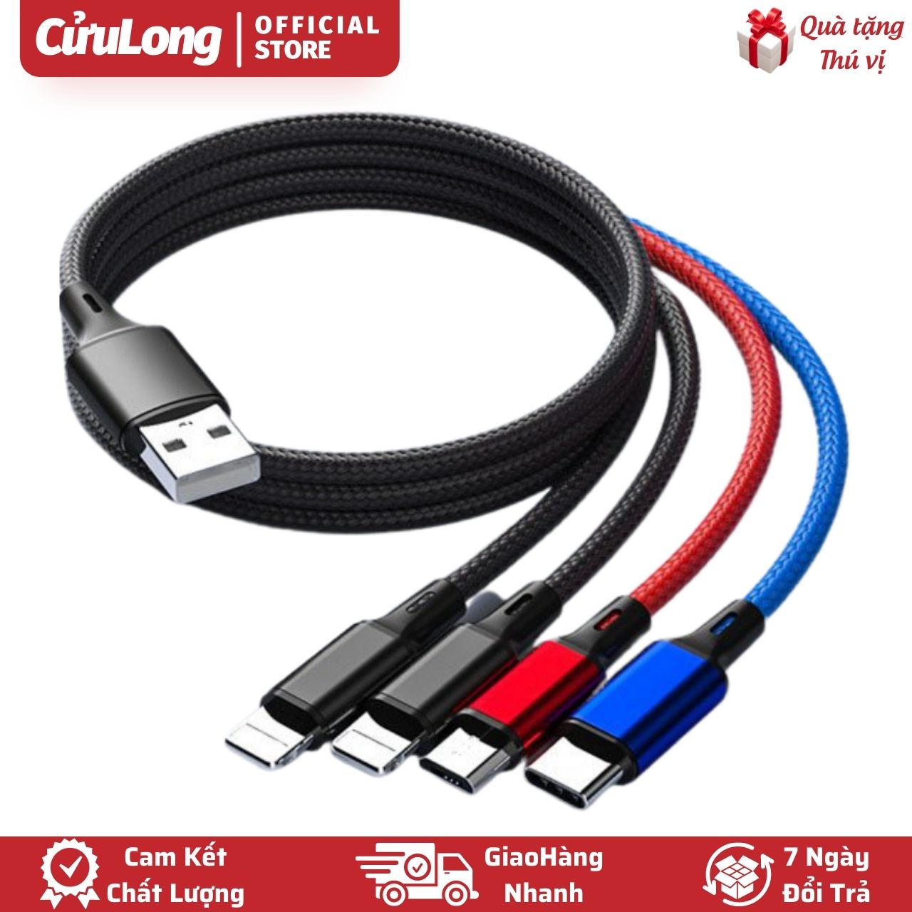 Dây Sạc Đa Năng 4X với 4 đầu cáp sạc Lightning Type C Micro USB 3 màu sạc iPhone Samsung Oppo cap sac dien thoai 3 đầu đa năng
