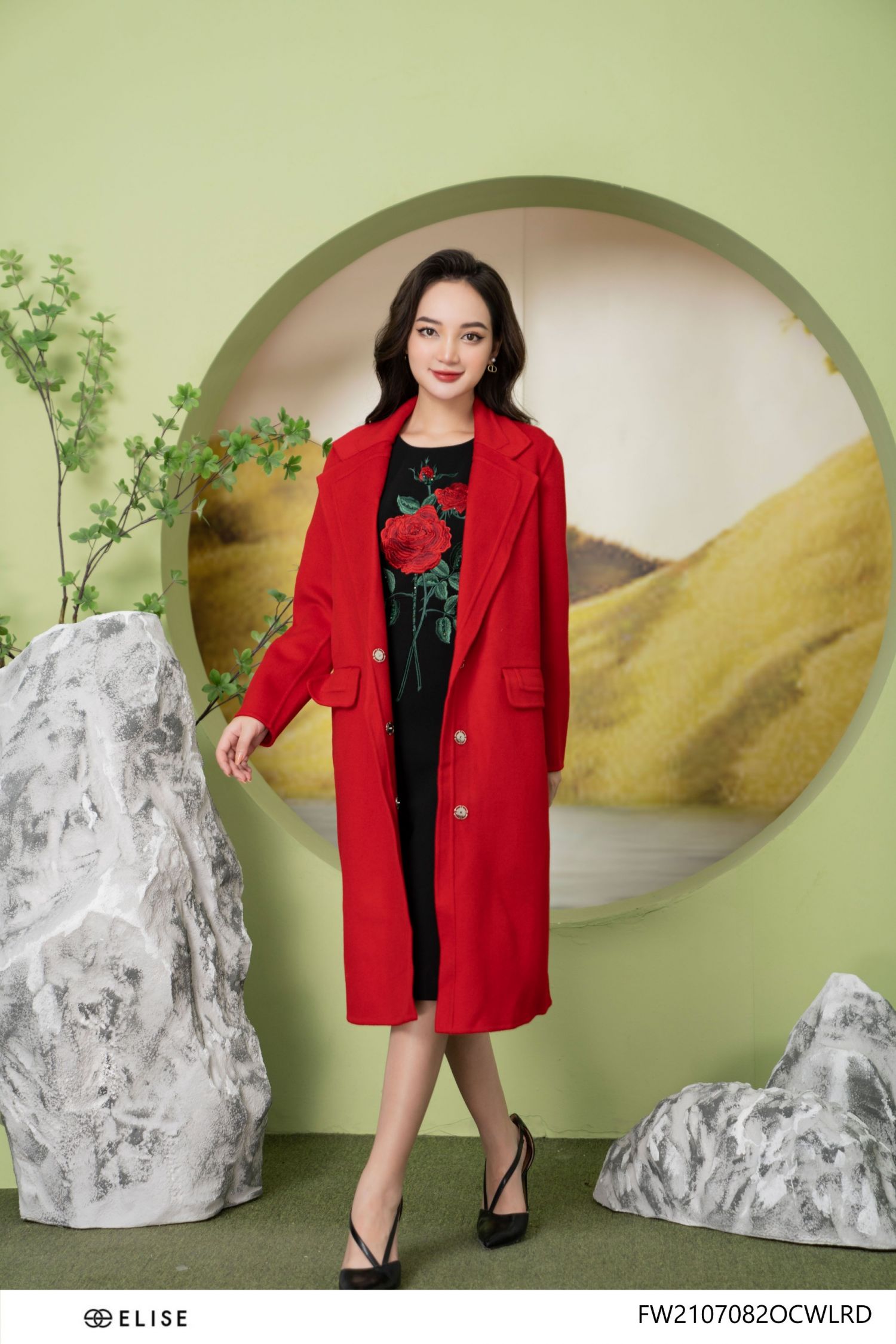 Áo măng tô dạ đỏ lông cừu thiết kế elise fw2107082ocwlrd