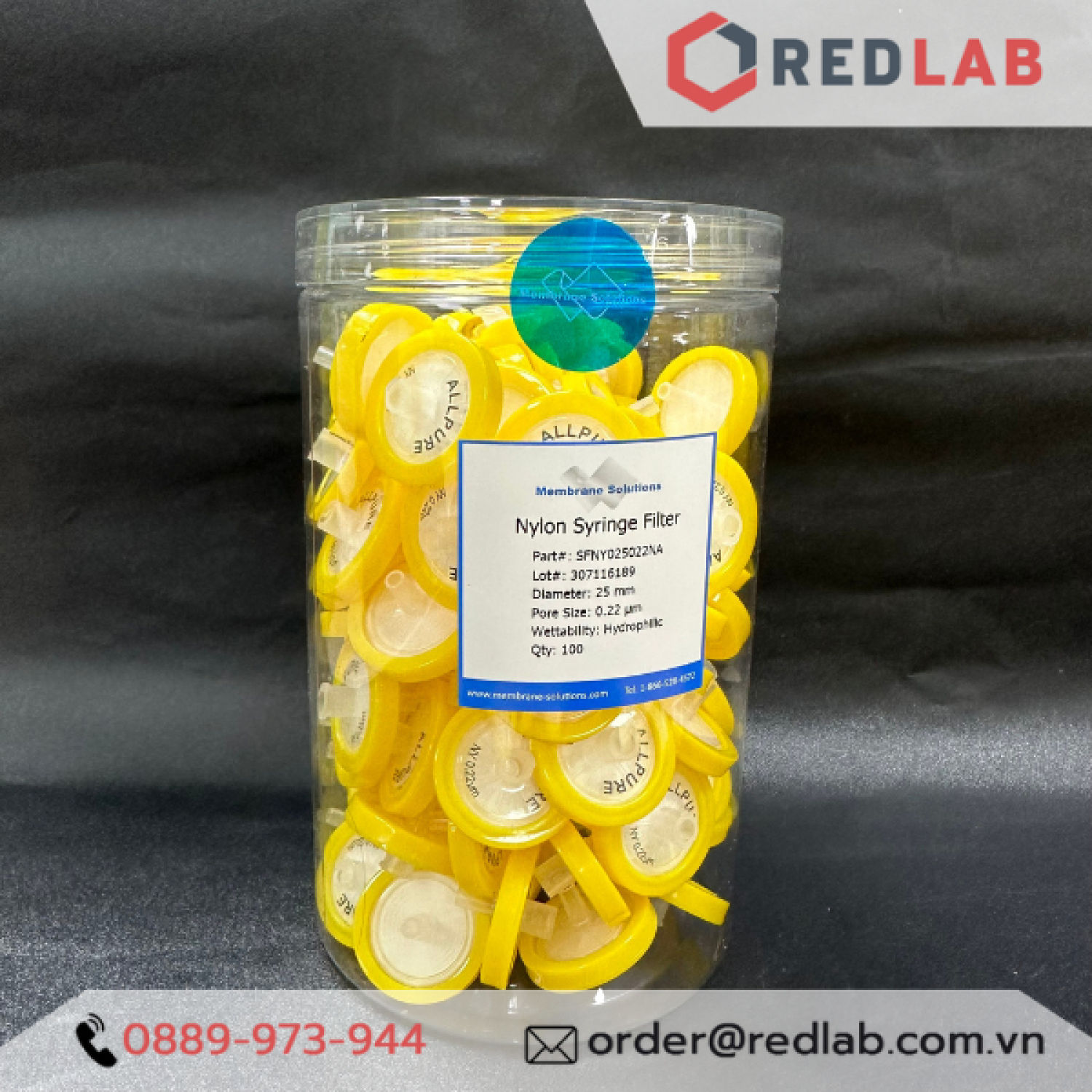 100 đầu lọc syringe nylon hydrophilic đường kính 25mm, lỗ lọc 0.22um và 0.45um hãng membrane solutions - usa, có vat