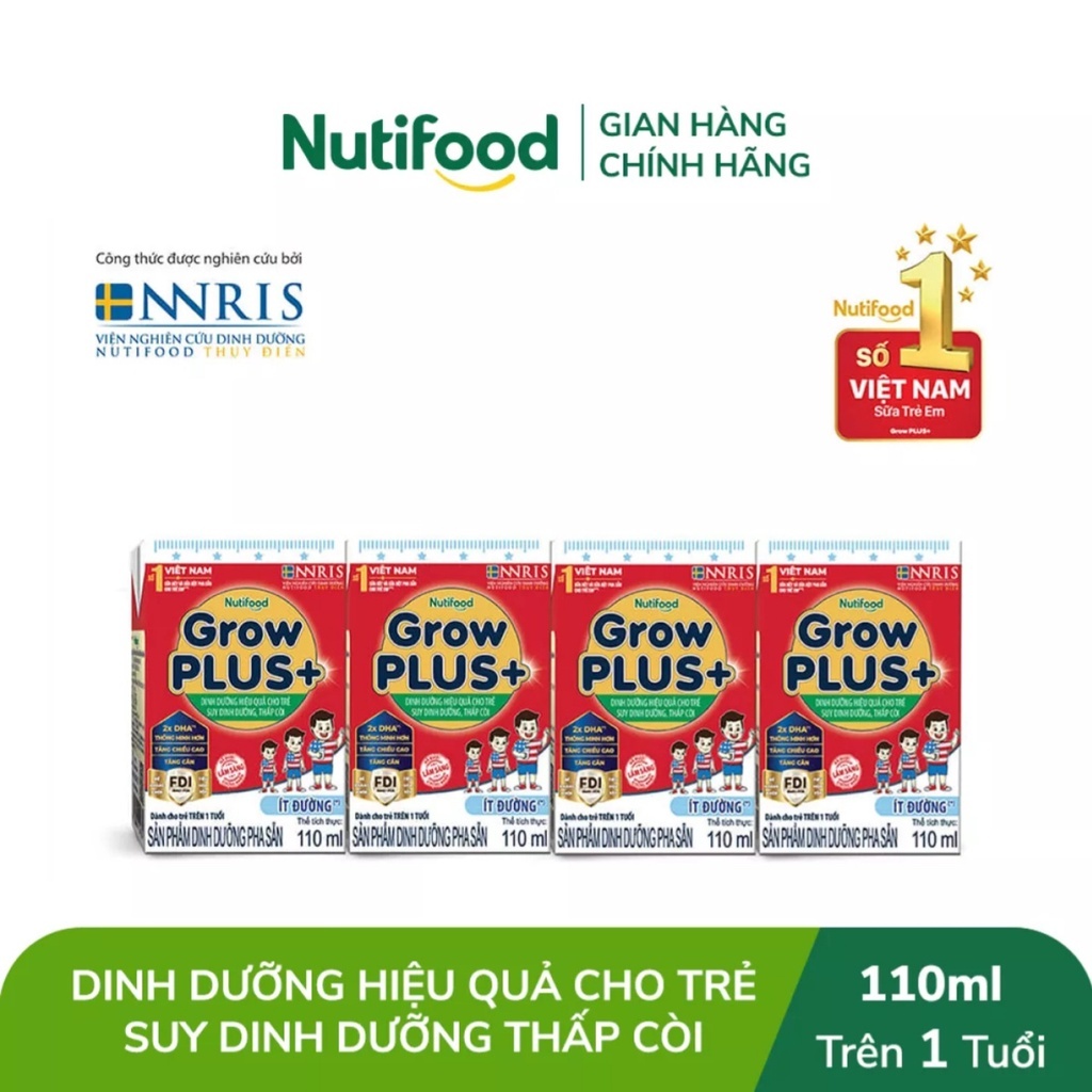 Thùng 48 hộp SBPS NutiFood Grow Plus+ SDD ít đường (110ml) {Đỏ}