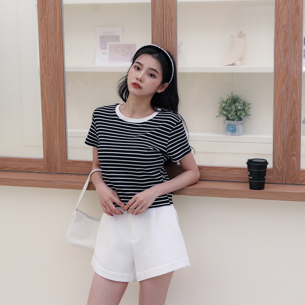 Áo thun nữ sọc phối viền màu thời trang