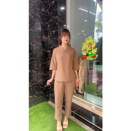 Bộ nữ đi chùa 1 nút kate không thêu.