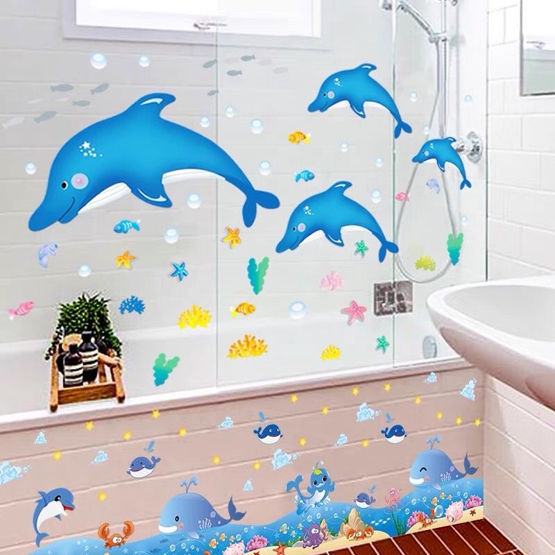 decal dán tường đàn cá heo và chân tường cá heo