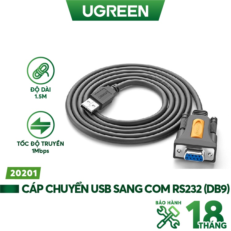 Cáp chuyển đổi USB to Com rs232 âm dài 1,5m  Ugreen 20201 cao cấp
