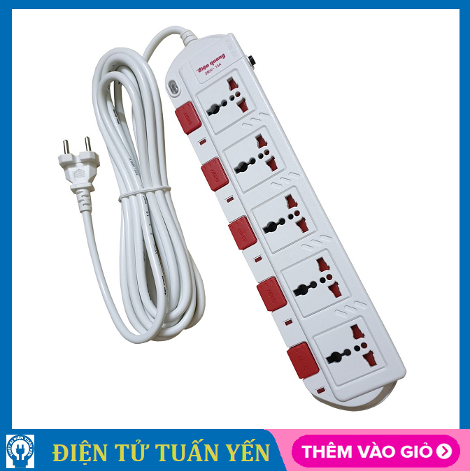 Ổ cắm Điện Quang ĐQ ESK SM750SL 5 lỗ 3 chấu (màu trắng đỏ), dây dài 2M và 5M - Hàng chính hãng