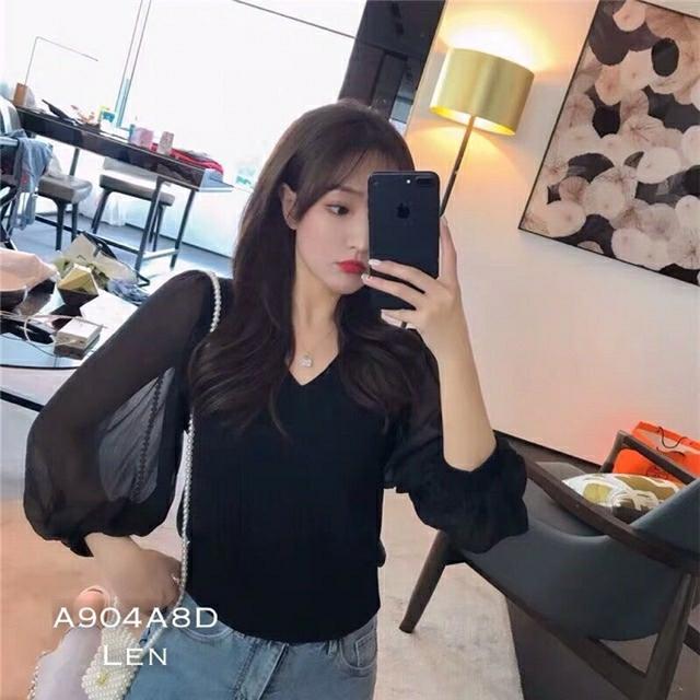 Áo thun len cổ tim tay phồng