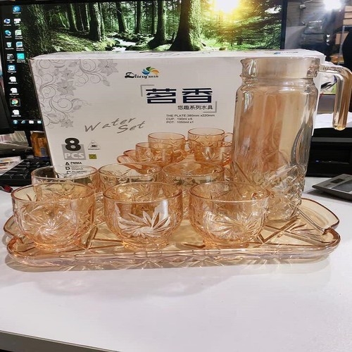 Bộ bình 6 cốc kèm khay nhũ vàng thủy tinh