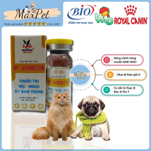 Sản phẩm diệt nội, ngoại kí sinh trùng trên chó mèo MP23 tiêu diệt ve, rận, bọ chét, giun tròn, giun đũa, giun tim, sán dây Naphavet Ivermectin 10ml - Maxpet