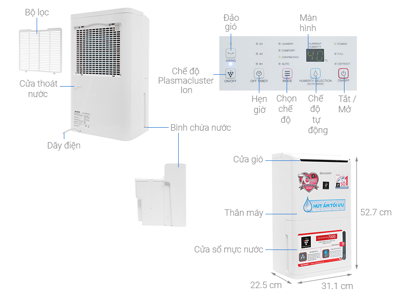 Máy lọc không khí hút ẩm Sharp DW-D12A-W diên tích 25m2, Công nghệ ion Plasmacluster - Bảo hành chính hãng 12 Tháng